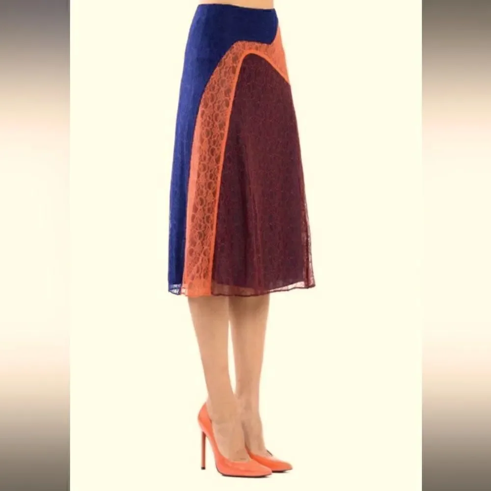 Tory Burch KAISA Blue/Cranberry/Apricot Colorblock Lace Skirt. Size 10. EUC!